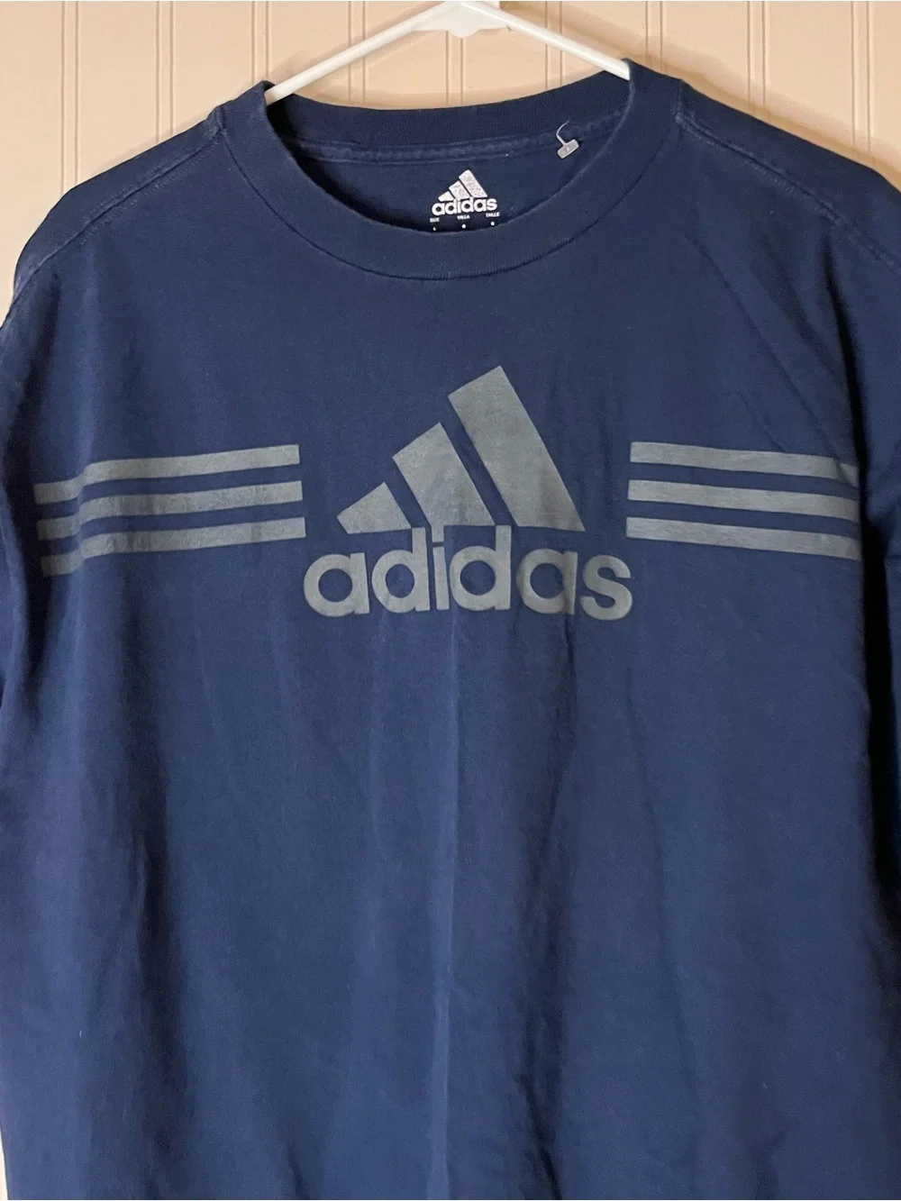 adidas Navy and Gray Graphic Logo Tee L